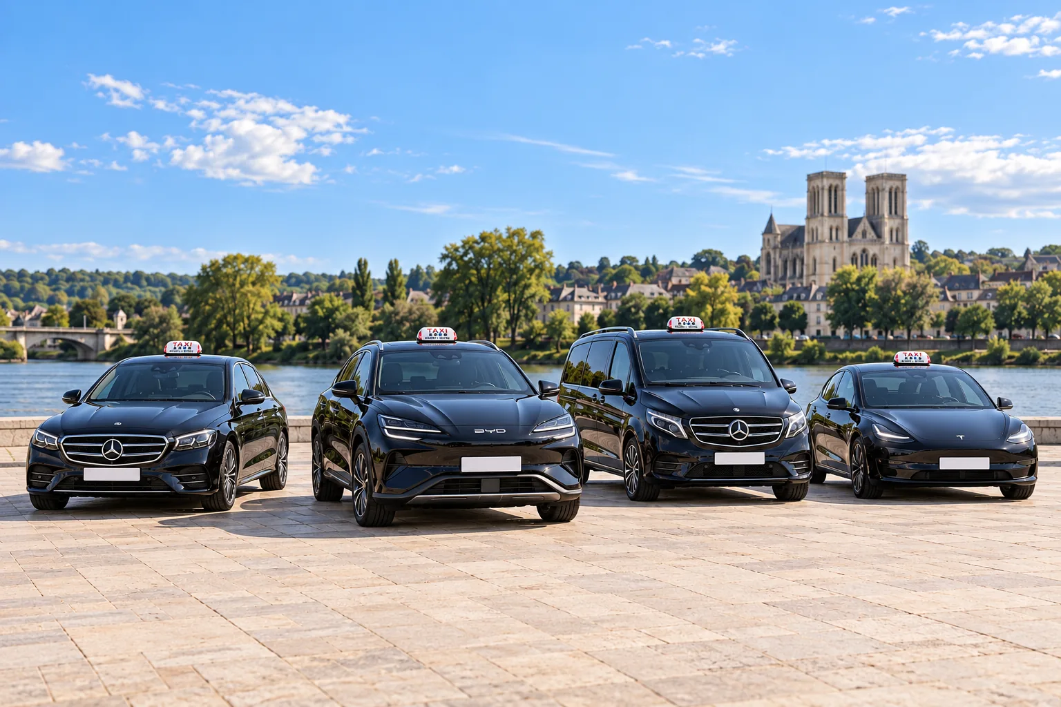 Berline, SUV, van et voiture électrique noirs, lumineux TAXI sur le toit, alignés au bord de la Seine