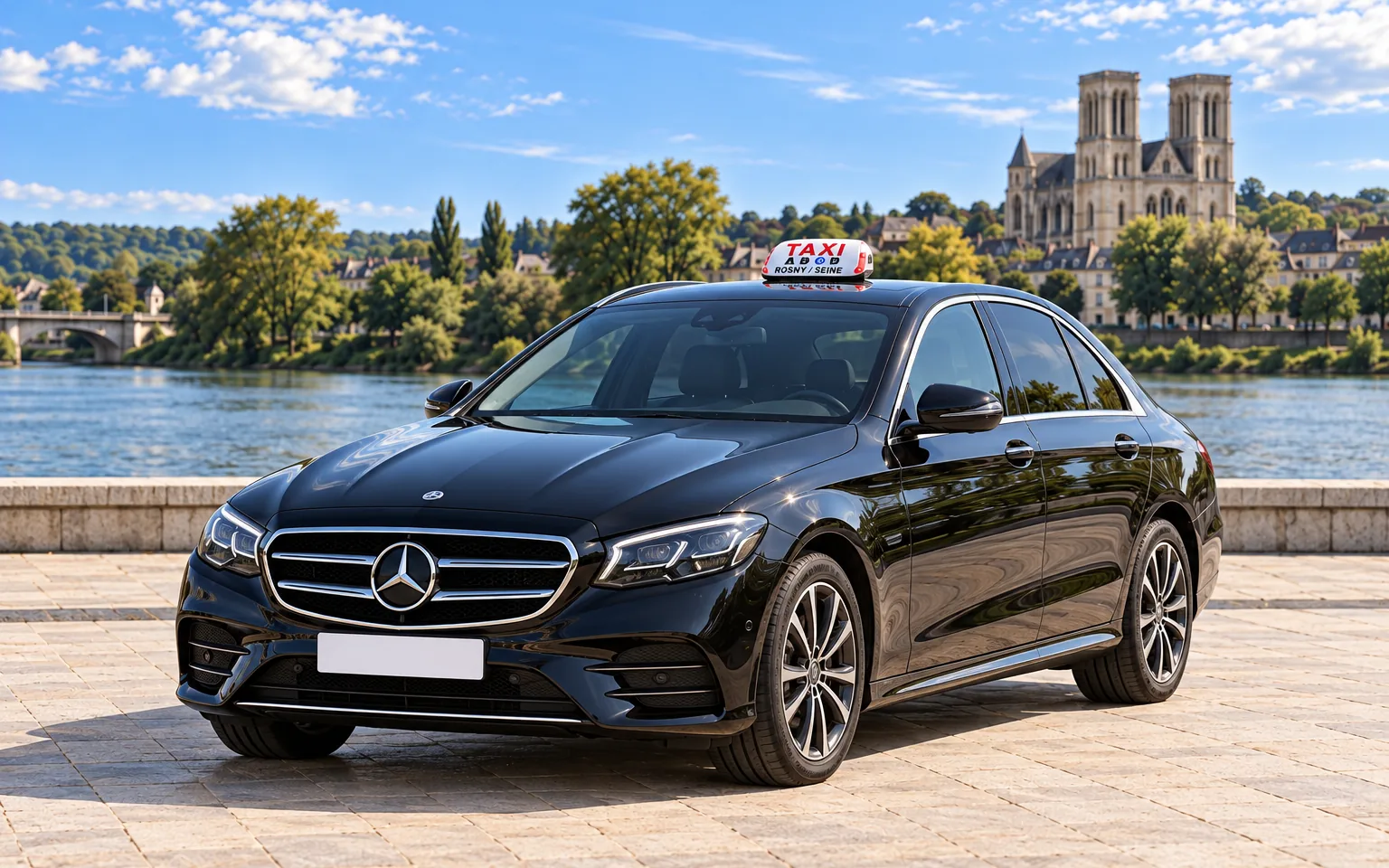 Mercedes Classe E noire, lumineux TAXI sur le toit, au bord de la Seine