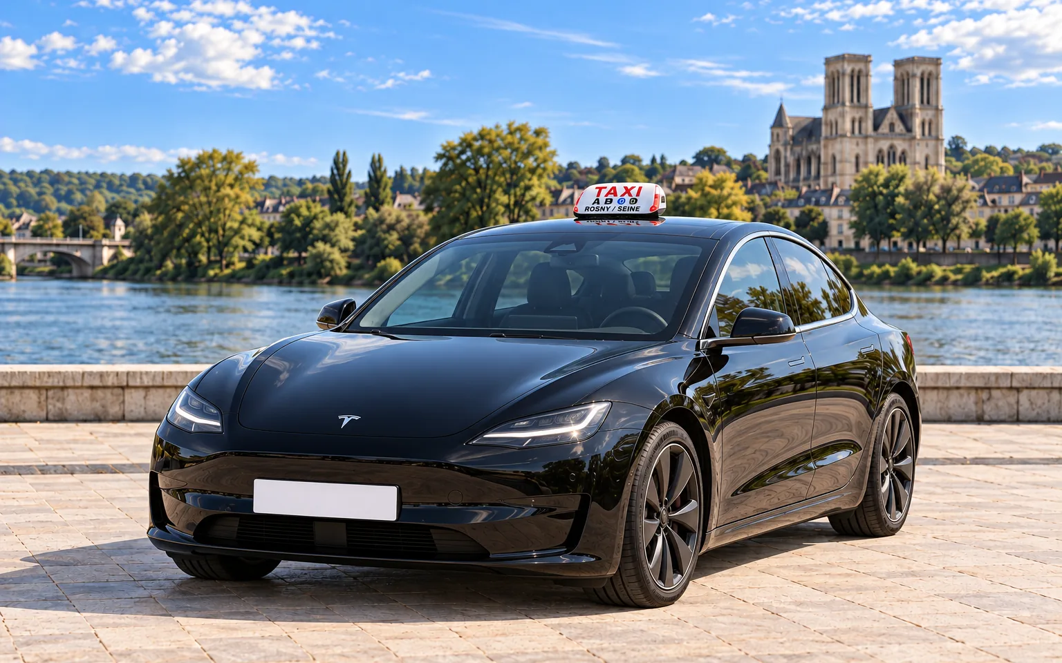 Tesla Model 3 noire, lumineux TAXI sur le toit, au bord de la Seine