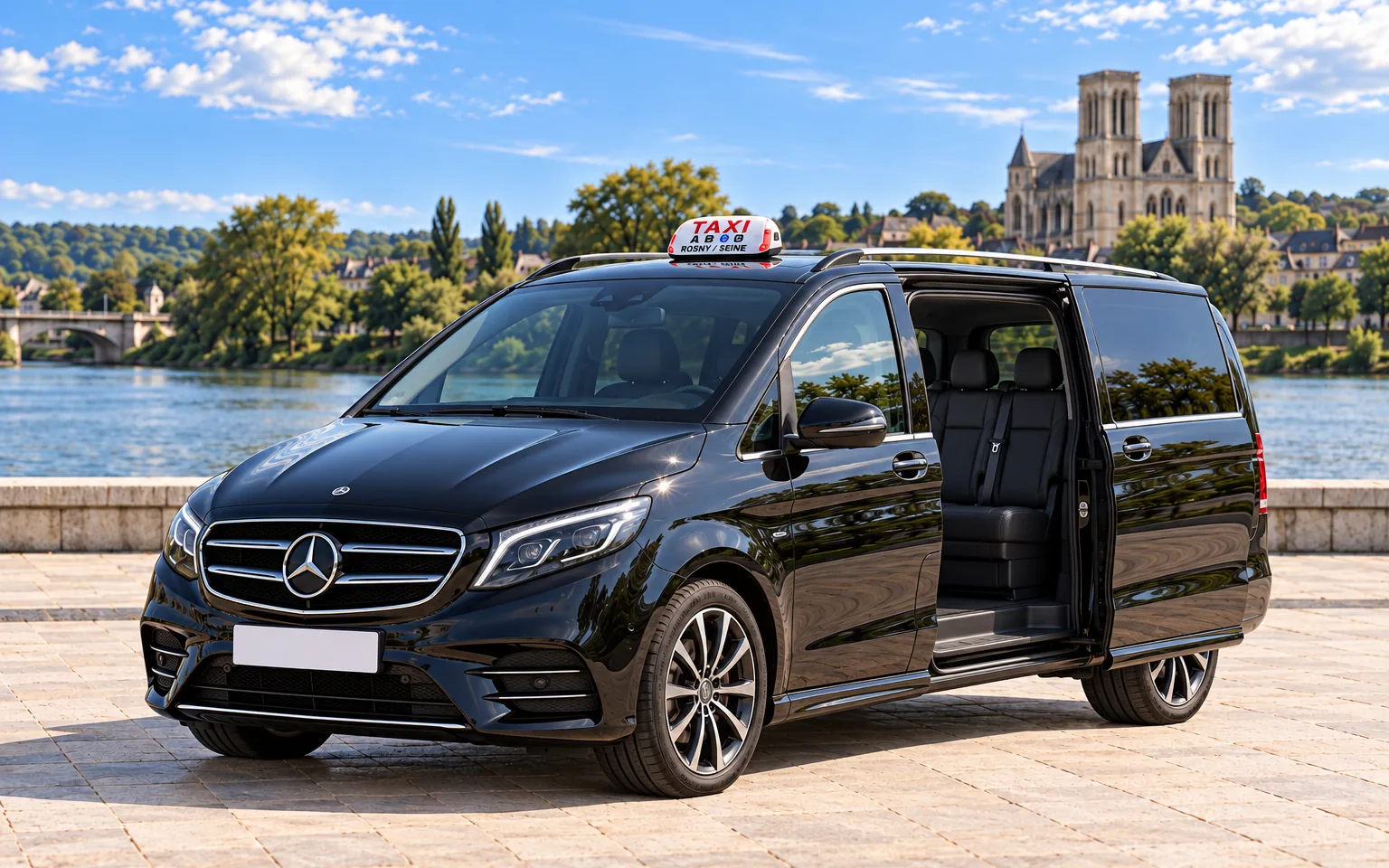Van Mercedes Classe V noir, porte latérale ouverte, lumineux TAXI sur le toit
